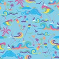 Colorful Kitesurf Day at the beach with waves seamless pattern on blue background