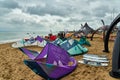Colorful kitesurfing equipment on the sandy beach in Ramsgate, Kent, United Kingdom