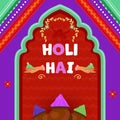 Colorful Kitsch Style Background with Mud Pots and Female Hands Holding Dry Color for Holi Hai (It\'s Holi