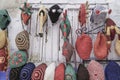 Colorful knit hats hanged on wall Royalty Free Stock Photo