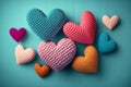 colorful knitted hearts against blue background,Generative AI