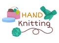 Colorful knitting accessories with yarn, basket, and socks. Hand knitting hobby theme with text. Craft, DIY, and