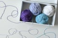 Colorful knitting balls in a white wooden box on the table with strands around.