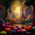 Colorful Knitting Needles and Yarns in Enchanting Forest Glade