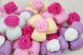 Colorful knitting wool flowers,decorating handmade. Royalty Free Stock Photo