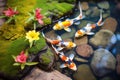 colorful koi in a landscaped garden pond Royalty Free Stock Photo