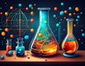 Colorful lab equipment displaying chemical reactions and molecular structures in a scientific setting at night Royalty Free Stock Photo
