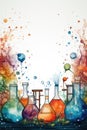 Colorful laboratory flasks with colorful liquid and bubbles, AI