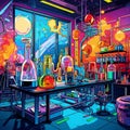 Colorful laboratory with futuristic equipment in pop art style