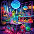 Colorful laboratory with futuristic equipment in pop art style