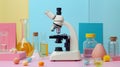 Colorful laboratory setup with microscope and playful elements.