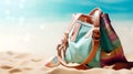 Colorful lady beach bag on sand on sea shore. Summer vacation or holiday concept background. Created with generative Ai Royalty Free Stock Photo