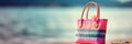 Colorful lady beach bag on sand on sea shore. Summer vacation or holiday concept background. Created with generative Ai Royalty Free Stock Photo