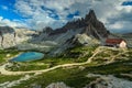 Colorful lake and hackly mountain ridges,Monte Paterno,Dolomites,Italy Royalty Free Stock Photo