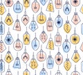Colorful Lamp light bulb hand drawn seamless pattern design. Concept of big ideas inspiration, innovation Isolated on white Royalty Free Stock Photo