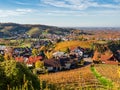 Colorful landscape aerial view of little village Kappelrodeck in Black Forest mountains. Beautiful medieval castle Burg Rodeck