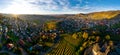 Colorful landscape aerial view of little village Kappelrodeck in Black Forest mountains. Beautiful medieval castle Burg Rodeck