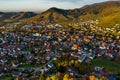 Colorful landscape aerial view of little village Kappelrodeck in Black Forest mountains. Beautiful medieval castle Burg Rodeck