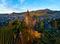 Colorful landscape aerial view of little village Kappelrodeck in Black Forest mountains. Beautiful medieval castle Burg Rodeck