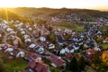 Colorful landscape aerial view of little village Kappelrodeck in Black Forest mountains. Beautiful medieval castle Burg Rodeck