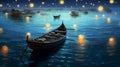 boat festival light water travel night lantern lamp celebration river. Generative AI.