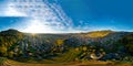 Colorful landscape 360-degree panoramic aerial view of little village Kappelrodeck in Black Forest mountains. Beautiful medieval