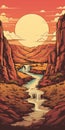 Desert River At Sunset: Vector Illustration In American Scene Painting Style