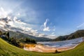 Colorful landscape of a flooded church in toxic polluted lake due to copper mining