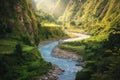 Colorful landscape with high Himalayan mountains and river