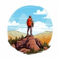 Colorful Landscape Illustration Of A Hiking Man With Backpack On Rock