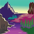 Colorful landscape illustration of mountains and sea, flat background plant, vector design Royalty Free Stock Photo