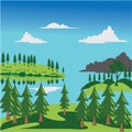 Colorful landscape illustration of mountains and sea, flat background plant, vector design Royalty Free Stock Photo