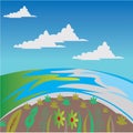 Colorful landscape illustration of mountains and sea, flat background plant, vector design Royalty Free Stock Photo