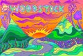 Colorful landscape with inscription Woodstock, and landscape with mountains, the sun and the road going into the sunset. Vector