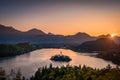 Colorful landscape sunrise at Lake Bled with autumn foliage, Slovenia Royalty Free Stock Photo