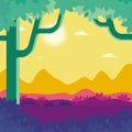 Colorful Landscape vector background. Flat Cartoon natural landscape. with trees, grass etc. Royalty Free Stock Photo