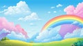 A colorful landscape with a vibrant rainbow, fluffy clouds, and green hills. Cartoon illustration. Ideal for childrens