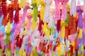 Colorful Lanna paper lanterns hang in Lamphun temples. Popular lantern festival during Loy Krathong in northern Thailand.