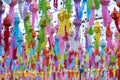 Colorful Lanna paper lanterns hang in Lamphun temples. Popular lantern festival during Loy Krathong in northern Thailand.