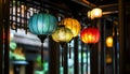 Colorful lanterns hang elegantly from the rooms ceiling Royalty Free Stock Photo