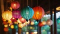 Colorful lanterns hang elegantly from the rooms ceiling Royalty Free Stock Photo