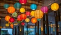 Colorful lanterns hang elegantly from the rooms ceiling Royalty Free Stock Photo