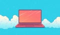 Colorful laptop illustration surrounded by clouds on bright blue background Royalty Free Stock Photo