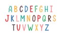 Colorful Latin letters of English alphabet for kids education. ABC font in cute doodle scandinavian style. Colored flat