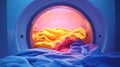 Colorful laundry inside a washing machine drum with vibrant hues of yellow and blue creating a visually appealing scene Royalty Free Stock Photo