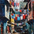 Colorful laundry lines crisscrossing narrow slum alleyways,generative ai
