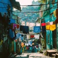 Colorful laundry lines crisscrossing narrow slum alleyways,generative ai