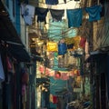 Colorful laundry lines crisscrossing narrow slum alleyways,generative ai