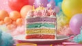 A colorful layered birthday cake with candles Royalty Free Stock Photo