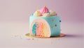 Colorful layered Birthday cake with sprinkles over a pink background